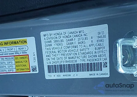 2024 Honda Civic Sport из США, поврежденный, VIN 2HGFE2F51RH508336